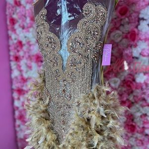 This is a gold rhinestone dress with brown feathers .